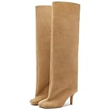 VOMIRA Women's Knee High Nude Suede Wide Calf Square Toe Stiletto Fall Winter Pull On High Heel Long Ladies Fashion Dress Tall Slouchy Boots