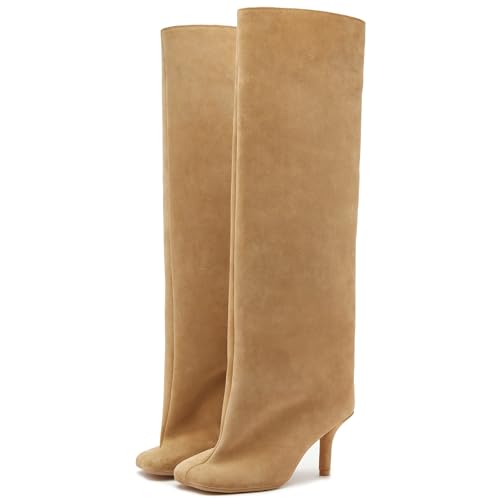 VOMIRA Women's Knee High Nude Suede Wide Calf Square Toe Stiletto Fall Winter Pull On High Heel Long Ladies Fashion Dress Tall Slouchy Boots