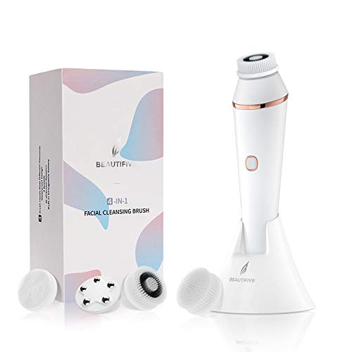 Beautifive Rechargeable Facial Cleansing Brush, Waterproof Facial Cleanser Brush Electric with 3 Speed, Face Spin Brush Set with 4 brush heads for Gentle Exfoliating, Deep Cleansing and Face Massage