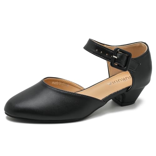 LIURUIJIA Women's Low Chunky Heel Dress Shoes Closed Toe Comfortable D'Orsay Work Office Pumps Black Matte US 7