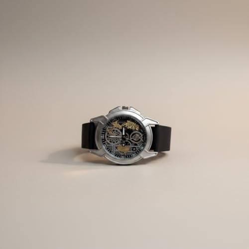 Image of Shree Ram Skeleton Watch, Ayodhya Mandir Theme, Mechanical Look Quartz, Stainless Steel Metal Bracelet, Round Dial with Deity Engraving for Man and Boyes