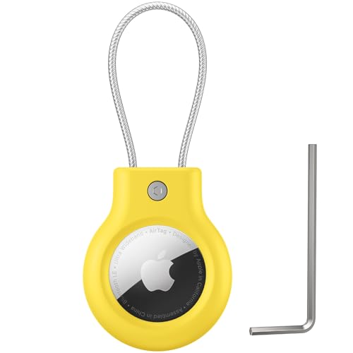 Image of Meliya at Holder for Apple at Secure Holder with Wire Cable, 4 Pack Air Tag Lock Case Keychain Key Ring Key Chain Luggage Tag for Keys, Luggage & More - Yellow