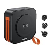Philips(フィリップス) 10000mAh MagSafe マグネット式 モバイルバッテリー コンセント一体型 大容量 ACプラグ付 5台同時充電 MAX 22.5W出力 USB-A＆入出力USB-C PD/パススルー機能/ディスプレイ搭載】Lightning/Type-Cケーブル内蔵 旅行用電源変換プラグ PSE認証済 ブラック DLP4347CB