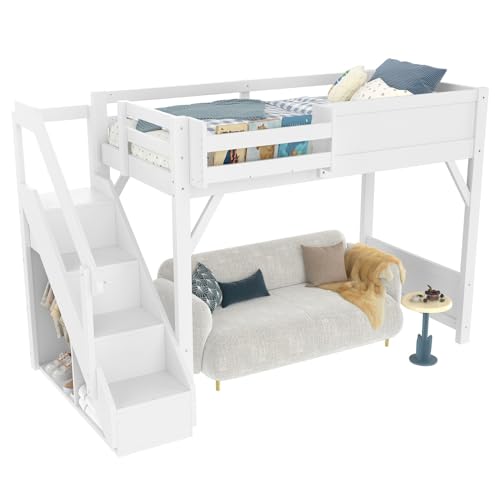 Image of KEIKI Solid Wood Twin Size Loft Bed Frame with Stairs, Built-in Wardrobe and Storage Space, Twin Loft Bed with Shelves, Full-Length Guardrails, No Box Spring Needed for Bedroom, Light White
