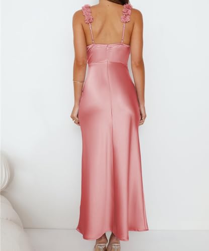 Image of Phicia Summer Satin Spaghetti Strap V Neck Midi Dresses for Women Wedding Guest Elegant Flower Backless Cocktail Formal Dress