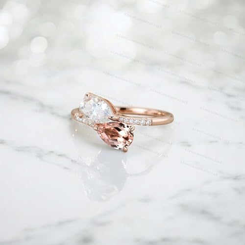 Pear Cut Lapis Lazuli & Moissanite Engagement Ring Toi Et Moi Ring 14k Solid Gold Two Stone Wedding Jewelry Art Deco Adjustable Multi Gemstone Gift for Wife4