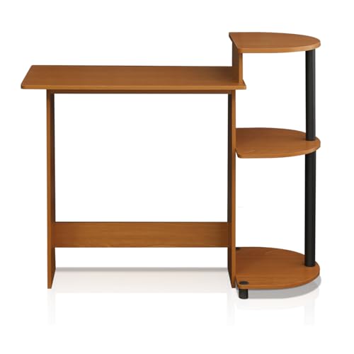 Furinno Compact Computer Desk with Shelves, Round Side, Light Cherry/Black