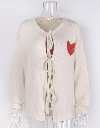 Image of Women's Tie Cardigan Sweaters Long Sleeve Chunky Knit Big Cute Heart Sweater Coats Apricot Mediuml