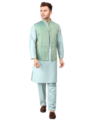 Image of Men's Cotton Silk Blend Regular Kurta Pyjama, Embroidered Nehru Jacket /Waistcoat Set