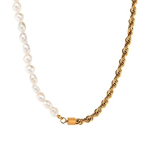 Half Pearl Half Chain Necklace, 18K Gold Plated Stainless Steel Twisted Rope Chain, Freshwater Pearl Stack, Vintage Style Hypoallergenic Necklace for Women