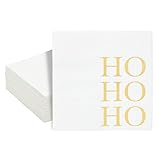Cocktail Napkins - 50-Pack Disposable Paper Napkins, Christmas Holidays Dinner Party Supplies, 3-Ply, Ho Ho Ho in Gold Foil Design, White, Unfolded 10 x 10 Inches, Folded 5 x 5 Inches