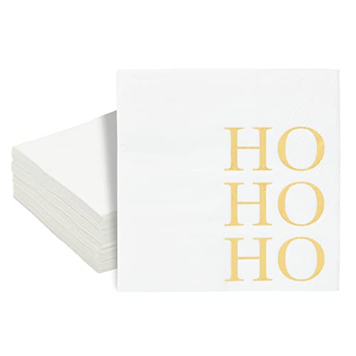 Juvale 50-Pack Christmas Cocktail Napkins in Gold, Ho Ho Design Holiday Party Supplies, 5x5-Inch for Christmas Celebration