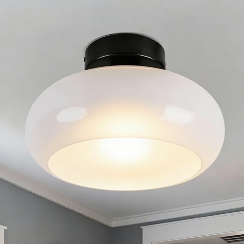 Image of Black Semi Flush Mount Ceiling Light Mid Century Modern Entryway Light Fixture 11 inch Glass Globe Flush Mount Light Fixture for Hallway Kitchen Bedroom Closet