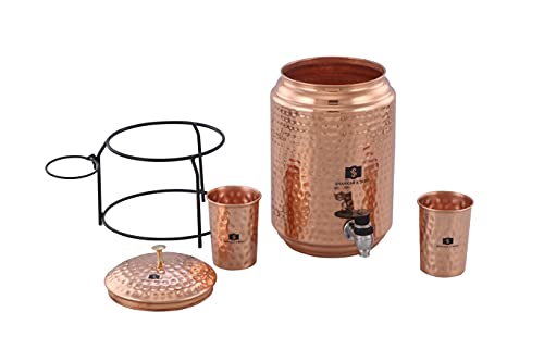 Image of SHANKAR & SONS Jointless Pure Copper Water Dispenser Matka Vessels Pot 5000 ml with Stand and 2 Glass (Brown)