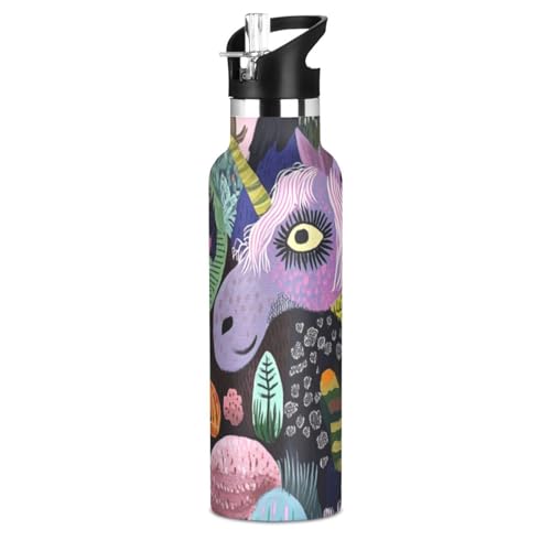 Botella de agua reutilizable con diseño de unicornios de dibujos animados, a prueba de fugas y sin BPA, aislada con popotes, a prueba de fugas, mantiene el calor y el frío, para niños y niñas, termo