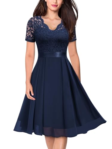 MISSMAY Women's Vintage V-Neck Floral Lace Contrast Chiffon Prom Party Dress