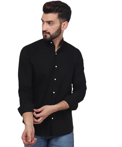 Image of TryBuy Exclusive Men's Black Solid Band Casual Cotton Shirt