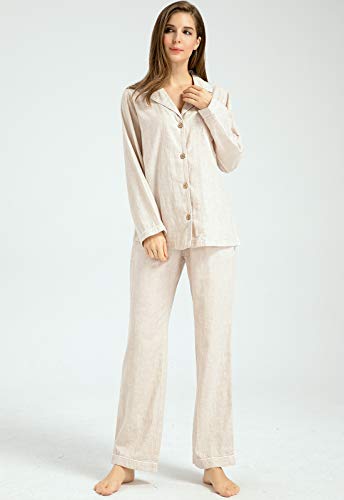 Image of Womens Muslin Pajama Set 100% Cotton Double Gauze Linen Like | Breathable Soft Comfort Button Up Loungewear Sleepwear PJ Set