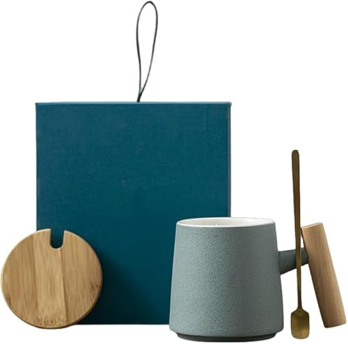 AOBOPO 職人ハンドメイド陶磁器コーヒーマグ|スプーン付き|蓋付き保温|370ml|ギフトボックス入り マグカップ スプーンセット フタ付き コーヒーカップ大容量 コップ 食洗機対応 電子レンジ対応