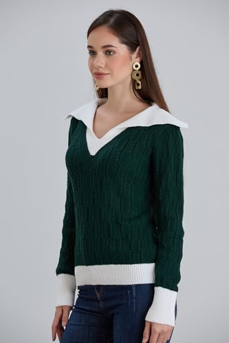 Image of Sweaters for Women Fashion Long Sleeve Lapel Collar V Neck Casual Knit Color Block Pullover Sweater