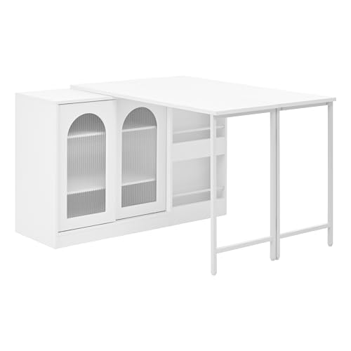 HAINEW Mesa de bar con escritorio extensible y puerta corredera de cristal, moderna mesa de cocina giratoria 360°, aparador, mesa auxiliar para salón cocina, 121,5 × 116 × 75 cm (blanco)