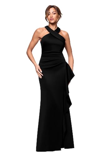 Image of Xscape Evenings Women's Long, Bodycon Low-Sheen Cross Front Halter Neck Evening Dress with Ruching & Ruffle Detail