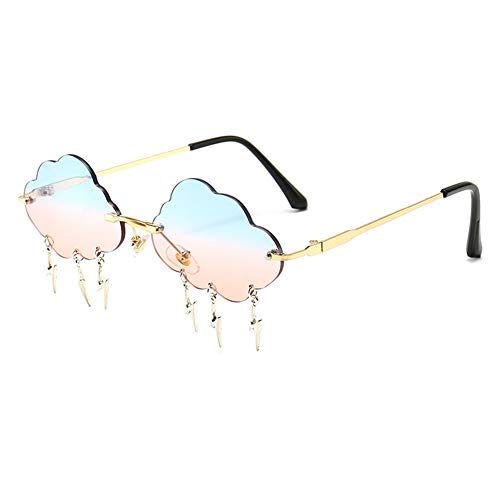 Dollger Rimless Sunglasses for Women Retro Colorful Lightning Cloud Sunglasses 90s Cute Sunglasses Disco Party Funny Sunglasses(Gold Frame Blue&Pink Lens)