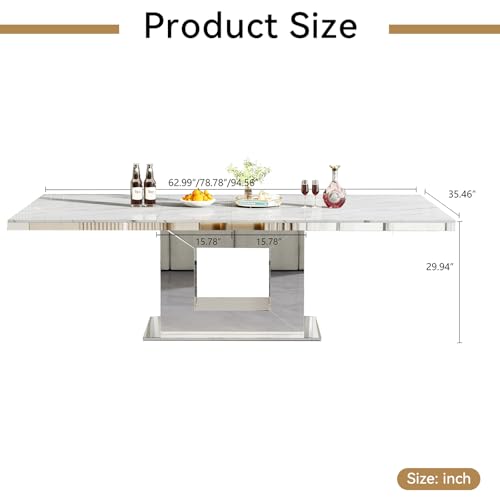 Image of 63 inch-94 inch Modern Extendable Dining Room Table for 6 8 10, Large White Faux Marble Expandable Kitchen Table with Mirrored U-Shape Pedestal Base for Home Kitchen Dining Room Family Gathering