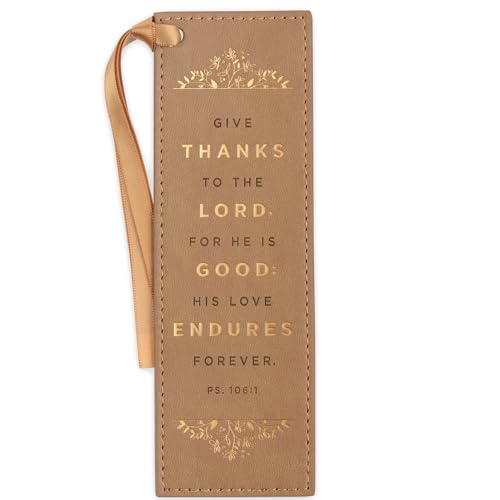 Image of Christian Art Gifts Tan Faux Leather Floral Bookmark for Women: Give Thanks