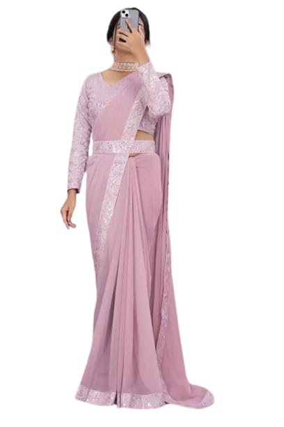 ONTIC Women's Georgette Embroidery Sequence Saree With Unstitched Blouse Piece, Pink
