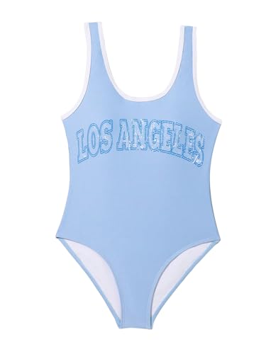 Image of WDIRARA Girl's One-Piece Letter Print Swimsuit Scoop Neck Swimwear Contrast Binding Bathing Suit