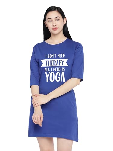 Image of STATUS MANTRA Women's Long T-Shirt Dress - Cotton Casual Knee Length Dress with 3 /4 Sleeves | Soft Bio-Washed Fabric, Crew Neck, Relaxed Fit | Comfy Summer Lounge Wear