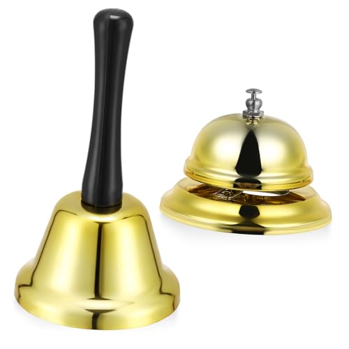 Cabilock Campanas De Escritorio Mano Doradas, Campana Metálica Resistente Oxidación, Timbres De Servicio Para Restaurantes y Hoteles, Uso Versátil Aulas y Cafeterías, Juego De 2 Unidades