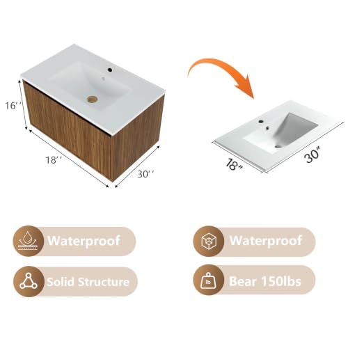 Image of 30 Inch Floating Bathroom Vanity with Ceramic Sink, Modern Striped Wall Mount Vanity Cabinet with Compartmentalized Storage Drawer, Walnut