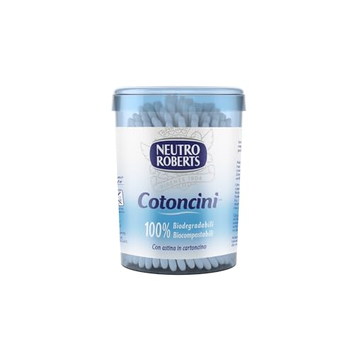 Neutro Roberts, Cotoncini con Box Salva Igiene, Cotton Fioc Morbidi e 100% Biodegradabili con Astina in Cartoncino, Adatti per Bambini - Confezione da 100 Pezzi