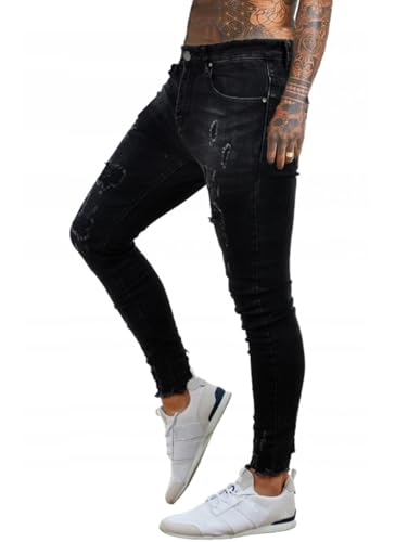 Jeans Pants Trouser Denim Ripped Hole Street Trendy Black Elastic Tight Fit Men4