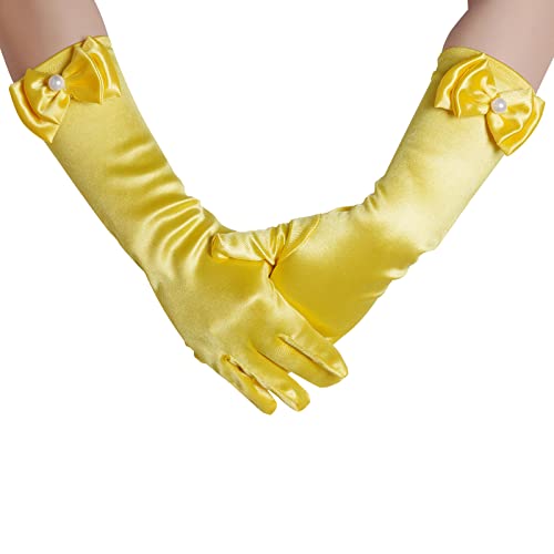 Yolyoo Girls Princess Gloves,Girl White Long Satin Princess Dress Up Diamonds Bows Gloves for Birthday,Wedding, Costume Party4