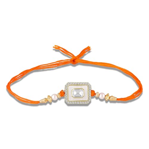 Image of Mahi Traditional Ethnic Raksha Bandhan Rakhi for Brother with Crystals and Orange Thread (RA1100859G)