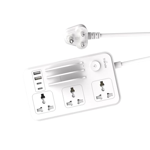 Image of Trands Ampflow Pulse Extension Board with USB Ports, 25W PD and QC Fast Charging, 3 AC Power Sockets, 4 USB Ports, 10A Load, Fire Resistant ABS Body, 1.5M Cable, Multi Device Charging Power Strip