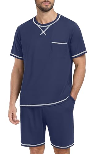 PrinStory Men's Pajamas Set Sleepwear Lightweight Short Sleeve Shirts and Shorts Soft 2 Piece Lounge Set Cozy Nightwear