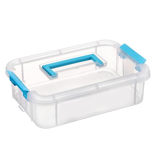BTSKY Clear Plastic Storage Box Portable Organizer Container with Blue Handle Stackable Storage Bin for Office Home Multi-Use Container Box with Lid for Stationery Jewelry Craft Sewing Supplies