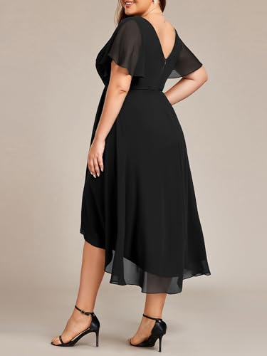 Image of Ever-Pretty Plus Summer Short Sleeves V-Neck Formal Wedding Guest Dresses for Curvy Women Chiffon Midi Cocktail Party Dress