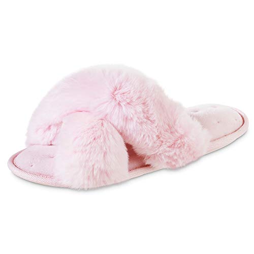 isotoner Women s Fuzzy Slipper, Cozy Open Toe Flip-Flop with a Furry Cross Band and Plush Fluffy Terry Cushion, Peony, 7.5-8