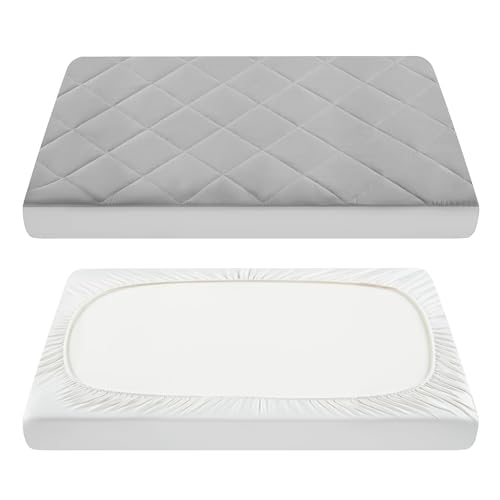 Image of TILLYOU Pack and Play Sheet - Soft Quilted Crib Cover Pad, Toddlers Mattress Protector with 1''-3'' Deep Pocket, Thick Play Yard Playpen Sheets, Crib Mattress Pad 39"x27", Medium Grey
