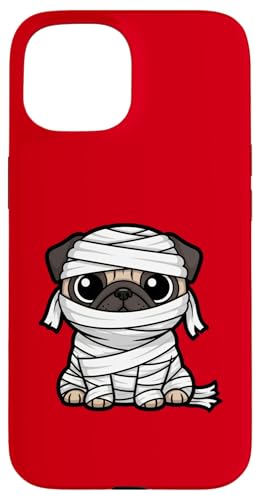 面白いハロウィーンのミイラパグの漫画デザイン。 スマホケース iPhone 15 用