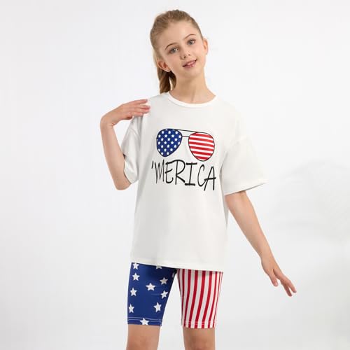 Image of Weixinbuy Girls 4th of July Outfit 2 Piece Short Sleeve Oversized T-Shirt and Biker Shorts Kids Fashion Summer Colothes Set