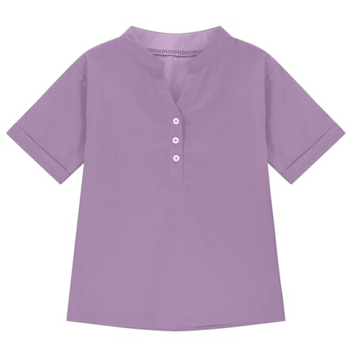 Girls Cotton Linen Henley Shirts Short Sleeve V-Neck Button T-Shirts Summer Beach Loose Hippie Tops2