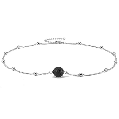 Lava Rock Stones Choker Necklace For Women- Girls Chic Beaded Black Essential Oils Diffuser Short Chain Lava Rock Pendant Healing Stone Jewelry (Silver) #TOP8