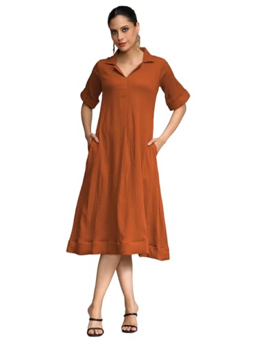 Image of Varanga Women Beige A -line Calf Length Dress Featuring Classic Shirt Collar and Short Sleeves which offering Comfort and Ease