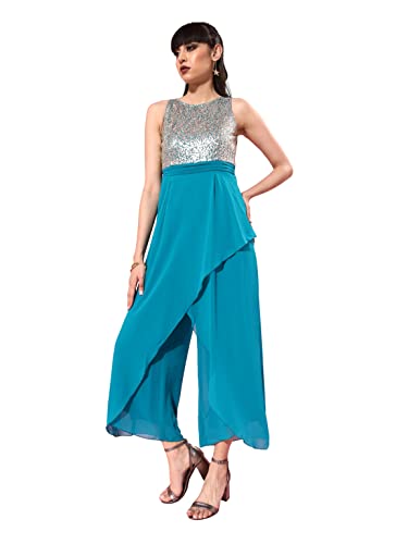 Image of Miss Chase Women's Off-White Solid Relaxed Fit Round Neck Sleeveless Regular Length Jumpsuit